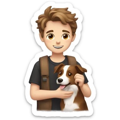 White boy with brown hair and stubble holding a light brown border collie with love hearts around them  sticker