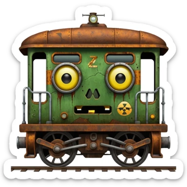 Front of a zombie-faced post-apocalyptic underground train. sticker
