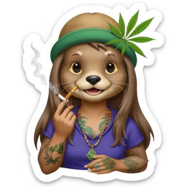 a female otter with long hair smoking a joint surrounded by marijuana fumes. a bit california hippy vibe, with tattoos and piercing sticker