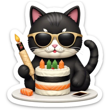cool cat wearing sunglasses eating a birthday cake made out of sushi sticker