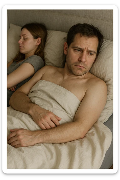 Vertical, hyper-realistic 3D cutaway illustration: uomo con difficoltà con la propria compagna nel letto, faccia depressa sticker