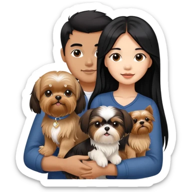 A beautiful Asian girl with long black hair is holding a Yorkshire Terrier. She is standing next to her brown skinned boyfriend, who is holding a Shih Tzu. They are each holding one dog each sticker
