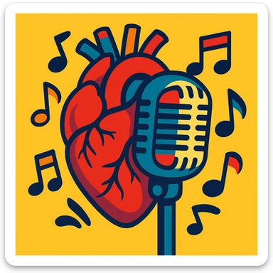 anatomical heart combined with an old-school microphone and music notes, vibrant, clear composition sticker