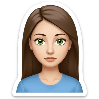 43 year old Adult woman avatar, light skin tone, long, oval face, long straight ashy brown hair, green almond-shaped eyes with dramatic eyelashes and minimal eyeliner, neutral mouth, medium straight eyebrows, small nose, smooth skin, sky blue blouse sticker