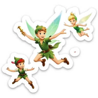 An icon representing an adventure game, inspired by whimsical fantasy. The design features Peter Pan soaring through the sky with Tinker Bell beside him, leaving a shimmering trail of pixie dust. Below, Neverland’s lush jungles and pirate ships create a backdrop of magic, adventure, and endless youth. Transparent background. sticker