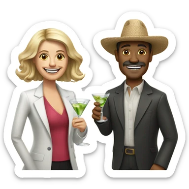 Mexican man and white woman holing a pill (medication) in one hand and a glass of martini in the other hand smiling and cheering sticker