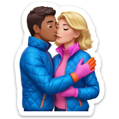 “Selfie romántica en la cima de una montaña verde, atardecer intenso naranja y dorado iluminando el cielo con nubes dramáticas, cordillera al fondo, pareja abrazada y besándose, chaqueta azul acolchada, guantes rosados, paisaje natural abierto y mágico. sticker