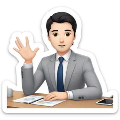 Professional 35-year-old business consultant with black wavy hair, stubble, strong jawline, white skin tone, wearing smart casual business attire, sitting at a table with clients, gesturing confidently while explaining a business strategy sticker