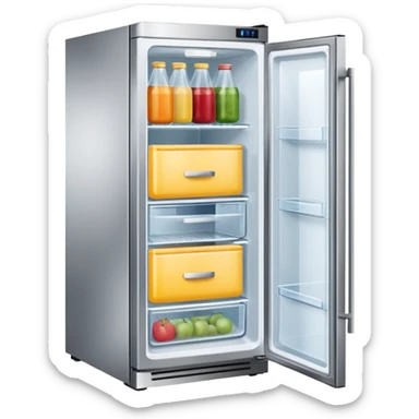 A refrigerator with a transparent front glass divided into three compartments, empty and unfilled. The refrigerator faces forward. It must be divided into three compartments and must have three drawers. sticker