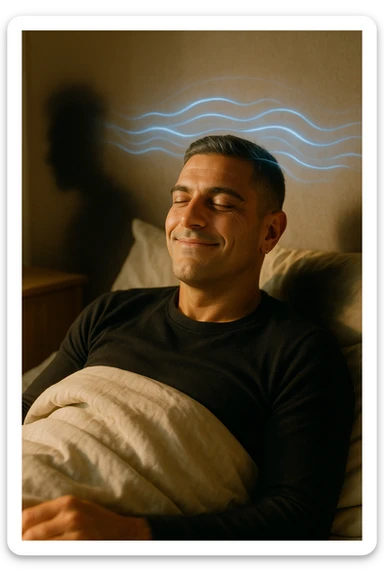 A cinematic image of a man in his mid-30s lying in bed, just waking up from deep sleep. His expression is calm and visibly transformed — a sense of inner peace, relief and subtle joy on his face. Soft morning light enters the room, casting gentle golden tones over his features. His eyes sono ancora semi chiusi, ma il viso è disteso, come se un grande peso fosse stato rilasciato durante la notte. Accanto a lui, simbolicamente sfocato, un’ombra o un alone scuro si dissolve, rappresentando il malessere notturno superato. Intorno alla sua testa, leggere onde di luce azzurra o bianca simboleggiano l’attività cerebrale rigenerativa della fase REM. La camera è ordinata, minimalista, con materiali naturali. L’atmosfera è serena, rigenerativa, intima. Shot in 35mm film style, high realism, shallow depth of field, warm highlights and clean shadows. sticker