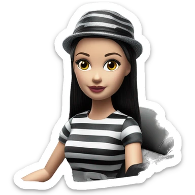 Beach Beauty Barbie, 1965 Wednesday Addams from academy, in dark-gray and black striped outfit with hat. Smiling Driving Mercedes convertible sports car  sticker