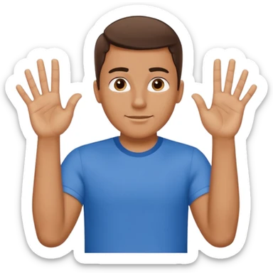 A guy with one of his arm is and the other down with 6 on his left hand and 7 on his right hand sticker