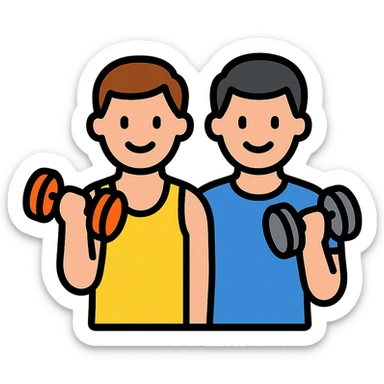 two male gym buddies lifting weights, minimal and recognizable icon style sticker
