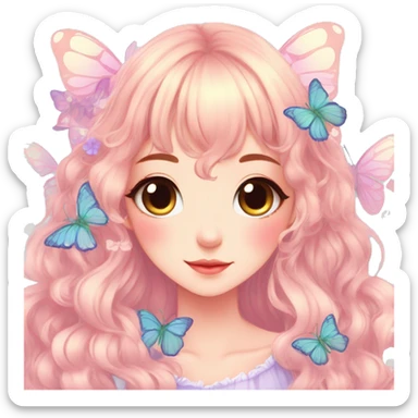 Cute kawaii gorgeous pretty anime cartoon pastel lady with butterflies and beautiful hair fairycore cottagecore detailed high quality trending aesthetic sticker
