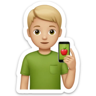 A little kid holding a phone, apple style emoji, wearing a green shirt. sticker