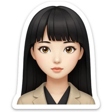 pretty Korean woman, black straight hair with bangs, beige eyes sticker