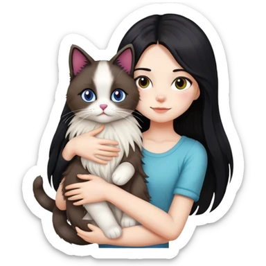 Girl with straight black long hair hugging a colorpoint ragdoll plush toy and a tricolor long-haired cat sticker