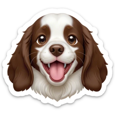 Cinematic Cute Yawning Springer Spaniel Portrait Emoji, Head tilted slightly with a dramatic, wide-open yawn, showcasing a smooth Fur of liver and white with crisp markings, floppy ears slightly drooping, round brown eyes barely open in drowsy contentment, Simplified yet irresistibly adorable features, highly detailed, glowing with a soft, cozy glow, high shine, relaxed yet expressive, stylized with a touch of whimsy, bright and endearing, soft glowing outline, capturing the essence of a sleepy yet affectionate companion, so drowsy it feels like it could stretch right out of the screen and curl up for a nap! sticker