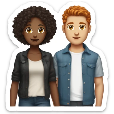 do couples with the girl having short/ medium length red hair and blue eyes, skin not super fair but light and the boy having same skin tone, black curly hair and brown eyes. If emojis of them standing do streetstyle clothing for both.  sticker
