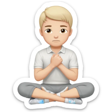 Cartoon boy sitting cross-legged, his fist pressed to his cheek, wearing a white polo and gray pants. He has a smug smirk, eyes looking forward. Clean lines, flat colors, solid black background, vector art, character sheet style. sticker