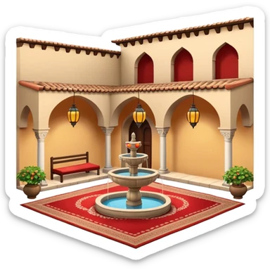 3D Apple-style emoji of a Turkish han courtyard. Square courtyard, small fountain, low arches, hanging lanterns, stacked carpets. Rounded, glossy, soft shadows, bright daylight, white background.





 sticker