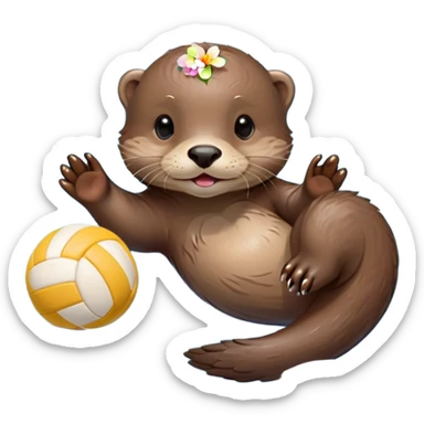 super cute baby otter with a tiny colorful flower on its head, floating on VERY CLEARLY VISIBLE blue water with prominent waves and ripples all around, baby otter with gentle expression holding a volleyball with both small paws above the obvious water sticker