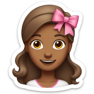A brown girl with long wave hair smiling with a pink bow on her head sticker