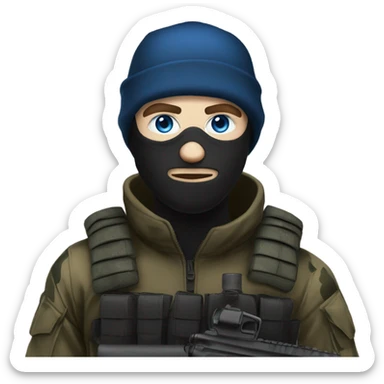male, pale skin, face mask, camo tactical gear, combat boots, black beanie, blue eyes sticker