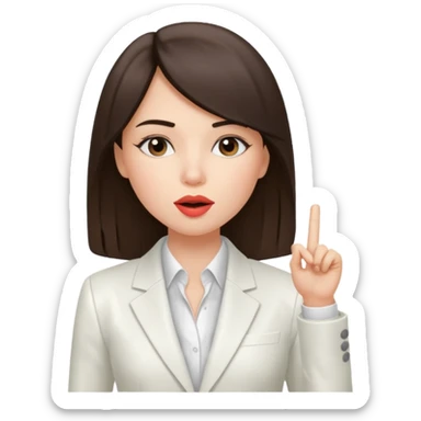 brunette girl wearing a white suit, with straight hair, making a "be quiet" gesture sticker