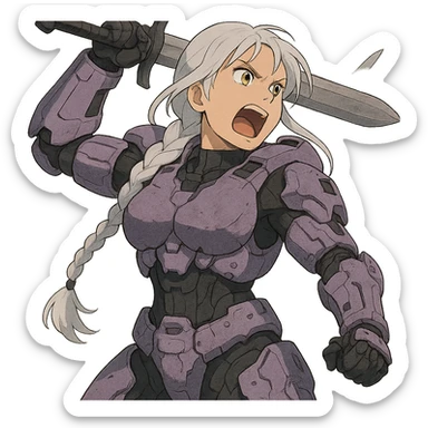 female, wearing reach spartan armor default, long white braid hair, gold yellow eyes, attention pose, HALO:series, no helmet, the armor is lavender color scheme, shoulder pad off. DDD bust size fitting. Punk gothic cyberpunk, brandishing a sword, preparing to swing and yelling sticker
