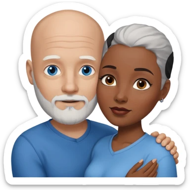 Talk bald white man with a white beard and blue eyes lovingly holding a black woman with brown eyes and grey hair sticker