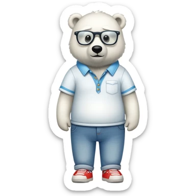 friendly anthropomorphised polar bear standing upright, looking relaxed, wearing a shirt, jeans, trainers, extravagant glasses sticker