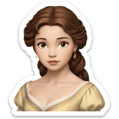 Cinematic Realistic Belle Portrait, depicted with lifelike skin texture, soft natural lighting, and intricately detailed brown hair styled elegantly. Her deep, expressive eyes exude warmth and intelligence, complemented by a serene and graceful expression. She is dressed in her classic attire, with rich fabric textures and delicate folds that catch the light beautifully. The portrait features a soft, enchanting glow with a natural, radiant finish, capturing the essence of timeless beauty in a realistic and painterly style, evoking a sense of depth and authenticity. sticker