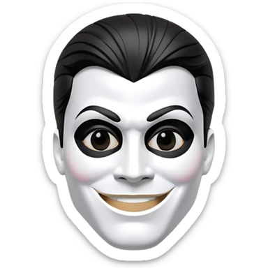 Mr incredible as black figure wearing a white Michael Jackson jigsaw mask that has giant white pupils and the irises are black and it’s smiling and the background is a wall in a room with grey sticker