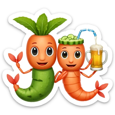 Create a modern emoji-style illustration of two shrimp characters, friendly and cool, slightly cartoon but stylish, not childish.
They are toasting (‘salud’), one shrimp holding a beer mug with aguachile topping, the other holding a fresh aguachile bowl with cucumber and chili.
  sticker