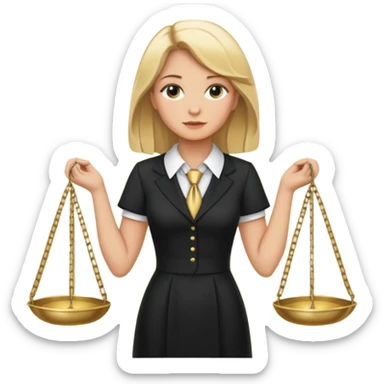 woman lawyer blanche et blonde avec des cheveux mi-long; elle est habillée avec une longue robe noire et un col cravate blanc; la balance de la justice apparaît dans l'ombre derrière elle sticker