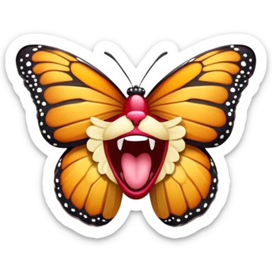 Cinematic Realistic Cute Yawning monarch Butterfly Portrait Emoji, Head tilted slightly with a dramatic, wide-open yawn, showcasing soft, downy ruby wings with gentle droop and half-closed, drowsy eyes rendered in exquisite natural detail, high shine, relaxed yet expressive, styled with a dash of delicate floral charm, soft glowing outline, capturing the essence of a sleepy yet affectionate red butterfly that appears ready to rest its vibrant wings in quiet slumber! sticker