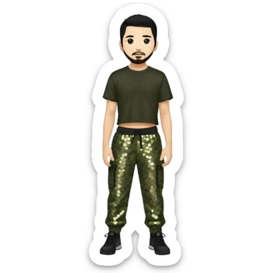 Mike Shinoda with black hair, black sequin crop top, olive sequin baggy pants sticker