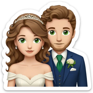 A bride and groom. Bride has brown hair with soft curls, has green eyes, wears an off shoulder dress. Groom has blond hair, has dark blue eyes, wears a brown suit with a brown vest and a bolo tie. sticker