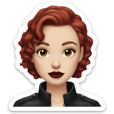 Girl with very pale skin, bright red curly short hair with a side part, black cat-eye makeup, long eyelashes, dark maroon blush and lipstick.  Her eyebrows are dark, arched and very high.  Hazel eyes. Big lips. Thin. Wearing a leather jacket  sticker