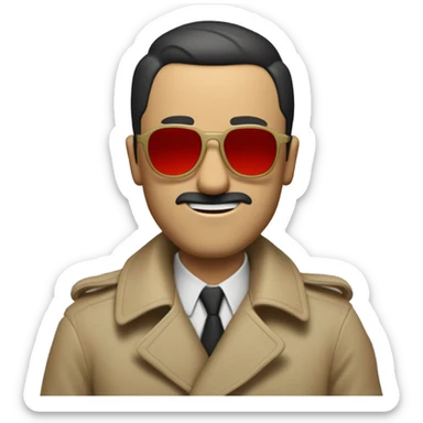 <excerpt>
A 1930s white man with real buzz cut Black hair, beard stubble donning tiny red tinted sun glasses in a dirty tan trench coat, is serious.
</excerpt> sticker