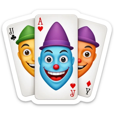 3 poker cards, with crazy colorful human jolly jokers inside, inversed face sticker