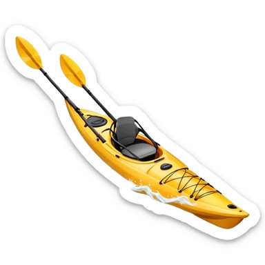 An icon showing a close-up of a kayak gliding over rippling water, with a double-bladed paddle in motion and splashes around. The sleek shape of the boat and dynamic strokes highlight the speed and precision of kayaking. Transparent background emphasizes the energy of the sport. sticker