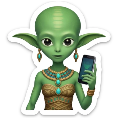 alien with mayan custome dress and smartphone sticker