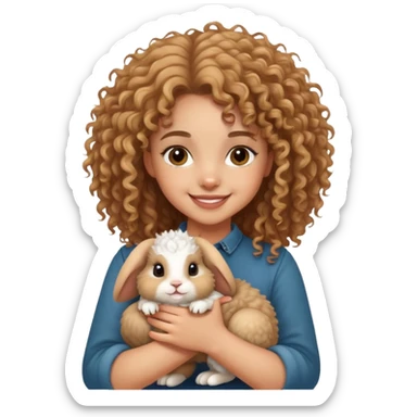 cute light skin curly haired girl holding a dwarf lionhead rabbit sticker