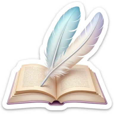 Create a delicate and poetic emoji representing poetry. The design should feature several elegantly flying pages with short poetic columns written on them. The pages should appear light and flowing, almost as if being carried by the wind. Include a white feather gently resting on the pages, symbolizing creativity and inspiration. Use soft, pastel tones to give it a dreamy, artistic feel. The design should feel ethereal and whimsical, capturing the essence of poetry. Make the background transparent. sticker