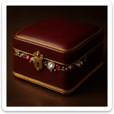 a closed dark red jewelry box with gold trim, sparkling jewels peeking out sticker