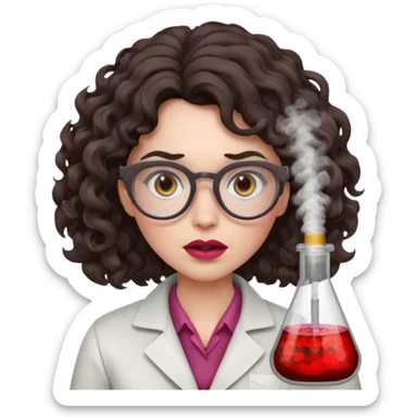 A crazy female scientist, with curly-wavy dark brown medium lenght hair, brown eyes and light grey glasses and pale skin and pinkish lips, dressed to look like an english teacher but in neutral tones like grey black white, maybe with the pop of dark red, with no girly colors, she should look mad sticker