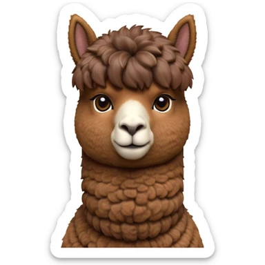 Cinematic Noble Brown Alpaca Portrait Emoji, Poised and regal, with a sturdy, graceful build and a rich, well-groomed brown fleece, deep-set soulful warm eyes, Simplified yet sharp and sophisticated features, highly detailed, glowing with a soft, dignified glow, high shine, intelligent and serene, stylized with an air of pastoral elegance, focused and attentive, soft glowing outline, capturing the essence of a watchful and confident companion, so majestic it feels as though it could stride out of the screen with effortless authority! sticker