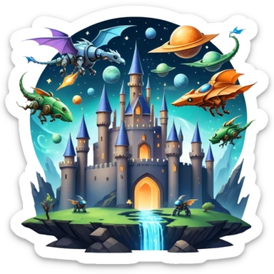 Icon for Fantasy and Sci-Fi Movies: A magical collage with flying dragons. futuristic spaceships and UFOs. Stars and planets shimmer in the background with a mystical castle Hogvards an ancient wizard and robots. The atmosphere is epic, otherworldly and adventurous. Transparent background. sticker